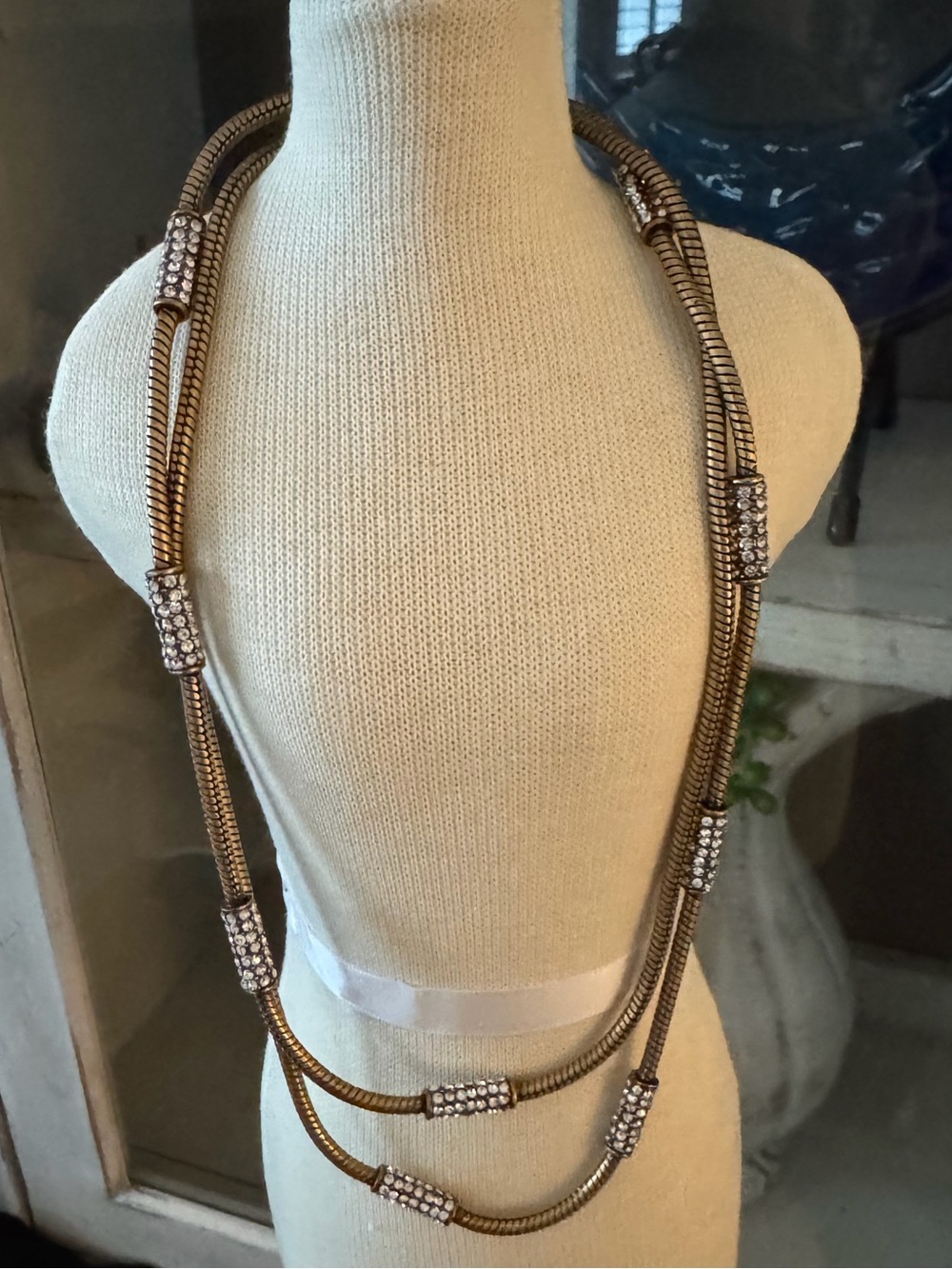 Layered Antique Gold-Tone Statement Necklace with Crystal Accents